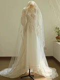 Chic A line Scoop White Long Puffy Sleeves Lace Wedding Dresses With Appliques HZ1024