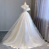 Sexy Ball Gown Off The Shoulder Satin Long White Wedding Dresses With Ruffles HZ1024