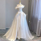 Sexy Ball Gown Off The Shoulder Satin Long White Wedding Dresses With Ruffles HZ1024