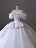 Timeless Ball Gown Off The Shoulder Satin Long White Wedding Dresses With Ruffles HZ1024