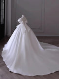 Timeless Ball Gown Off The Shoulder Satin Long White Wedding Dresses With Ruffles HZ1024