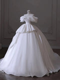 Timeless Ball Gown Off The Shoulder Satin Long White Wedding Dresses With Ruffles HZ1024