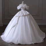 Timeless Ball Gown Off The Shoulder Satin Long White Wedding Dresses With Ruffles HZ1024
