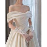 Timeless Ball Gown Off The Shoulder Satin Long White Wedding Dresses With Lace HZ1024