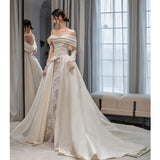 Timeless Ball Gown Off The Shoulder Satin Long White Wedding Dresses With Lace HZ1024