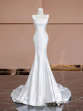 Timeless Mermaid Strapless Satin Long White Wedding Dresses With Buttons HZ1024