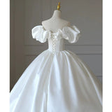 Simple Ball Gown Off The Shoulder Short Sleeves White Satin Wedding Dresses With Beads HZ1024