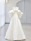 Simple Ball Gown Sweetheart Short Sleeves White Satin Wedding Dresses HZ1024