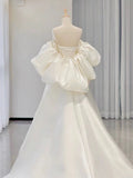 Simple Ball Gown Sweetheart Short Sleeves White Satin Wedding Dresses HZ1024