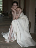 Chic A Line Strapless Sleeveless White Satin Slit Wedding Dresses HZ1024