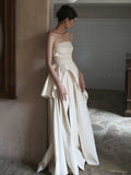Chic A Line Strapless Sleeveless White Satin Slit Wedding Dresses HZ1024
