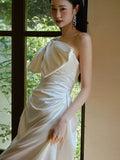 Chic A Line Strapless Sleeveless White Satin Wedding Dresses With Bow HZ1024