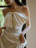 Chic A Line Strapless Sleeveless White Satin Wedding Dresses With Bow HZ1024
