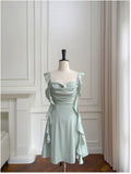Cute A line Spaghetti Straps Sage Green Short Homecoming Dresses Party Cocktail Dress With Ruffles HZ1024