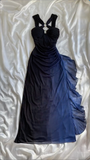Navy Blue Sheath Long Prom Dress Chiffon Prom Dresses Evening Dress HZ1024