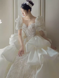 Luxury Ball Gown Short Sleeves Sequin Wedding Dress HZ1024