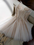 Cute A line Spaghetti Straps Champagne Short Sequin Homecoming Dresses Cocktail Dress HZ1024