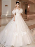 Luxury Ball Gown Short Sleeves Tulle White Wedding Dress HZ1024