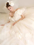 Luxury Ball Gown Short Sleeves Tulle White Wedding Dress HZ1024