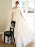 Luxury Ball Gown Short Sleeves Tulle White Wedding Dress HZ1024