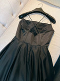 Simple A line Straps Black Satin Long Prom Dresses Simple Party Dress HZ1024