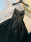 Simple A line Straps Black Satin Long Prom Dresses Simple Party Dress HZ1024