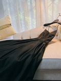 Simple A line Straps Black Satin Long Prom Dresses Simple Party Dress HZ1024