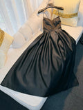 Simple A line Straps Black Satin Long Prom Dresses Simple Party Dress HZ1024
