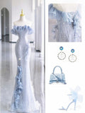Stunning Sheath Strapless Blue Sequin Long Prom Dresses Simple Party Dress HZ1024