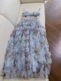 Chic A line SPaghetti Straps Prom Dresses Floral Blue Tulle Evening Dress HZ1024