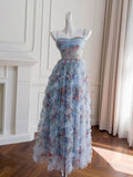 Chic A line SPaghetti Straps Prom Dresses Floral Blue Tulle Evening Dress HZ1024