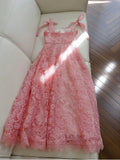 Elegant A line Straps Pink Lace Prom Dresses Sexy Evening Dress With Bows HZ1024