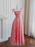 Elegant A line Straps Pink Lace Prom Dresses Sexy Evening Dress With Bows HZ1024