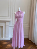 Elegant A line High Neckline Chiffon Lilac Prom Dresses Evening Dress With Ribbons HZ1024