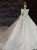 Luxury Ball Gown Long Sleeves Lace White Wedding Dress HZ1024