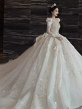 Luxury Ball Gown Long Sleeves Lace White Wedding Dress HZ1024