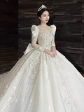 Luxury Ball Gown Long Sleeves Lace White Wedding Dress HZ1024