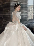 Luxury Ball Gown Long Sleeves Lace White Wedding Dress HZ1024