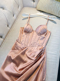 Simple A Line Spaghetti Straps Satin Slit Blush Pink Prom Dress HZ1024
