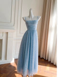 Simple A Line Spaghetti Straps Tulle Blue Prom Dress Evening Dresses HZ1024