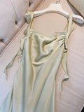 Simple Sheath Straps Sleeveless Silk Satin Sage Green Prom Dress Evening Dresses HZ1024