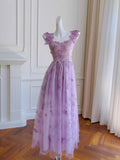 Elegant A Line Straps Sleeveless Lilac Lace Prom Dress Evening Dresses HZ1024