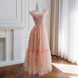 Elegant A Line Straps Sleeveless Blush Pink Lace Prom Dress Evening Dresses HZ1024