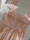 Elegant A Line Straps Sleeveless Blush Pink Lace Prom Dress Evening Dresses HZ1024