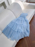 Simple A line Sleeveless Blue Tulle Prom Dress Evening Dresses HZ1024
