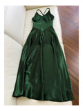 Sexy A Line Halter Sleeveless Green Satin Prom Dresses HZ1024
