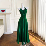 Sexy A Line Halter Sleeveless Green Satin Prom Dresses HZ1024