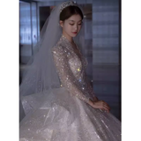 Luxury Ball Gown V Neckline Long Sleeves Lace Wedding Dress HZ1024