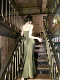 Sexy Sheath Spaghetti Straps Sleeveless Green Silk Satin Long Prom Dresses HZ1024