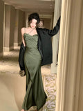 Sexy Sheath Spaghetti Straps Sleeveless Green Silk Satin Long Prom Dresses HZ1024